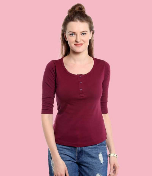 Women Maroon 3/4 Sleeves Henley T-Shirt